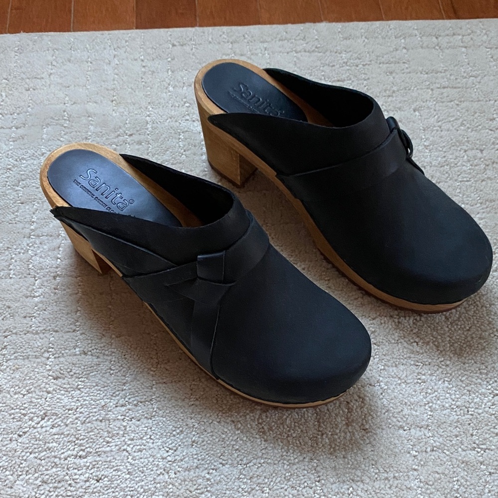 Sanita Black Leather Mules with Wooden Heel